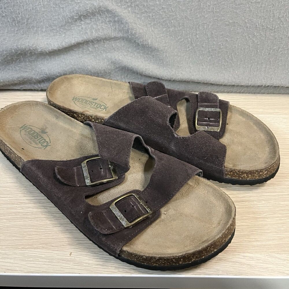 Woodstock Mens Sandals Bert Suede Two Strap Cork Footbed Size 11M Brown